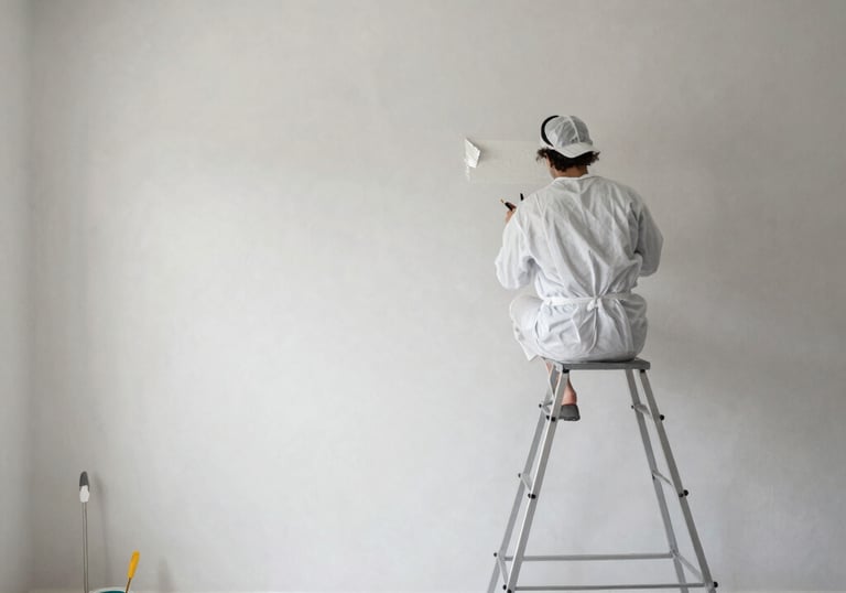 A close-up of a handyman painting a fresh coat on an interior wall.