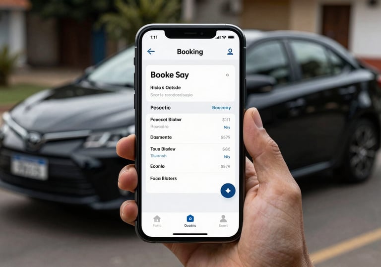 A smartphone displaying a booking app in front of a blurred deepest obsidian black Corolla. Sophisticated atmosphere, soft lighting in a South American / Brazilian setting.