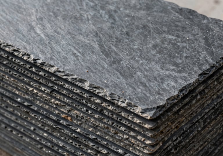 A stack of high-quality dark grey slate tiles ready for installation, clean composition, natural outdoor lighting, reflecting industrial durability.