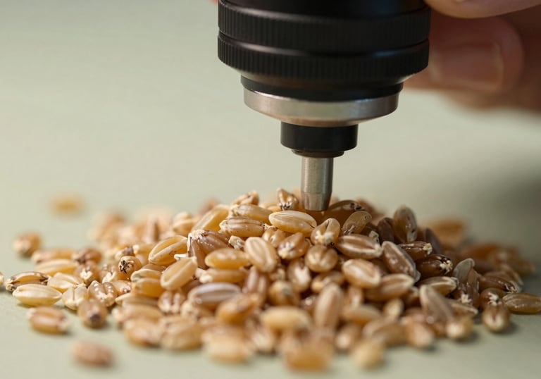A close-up photograph of high-quality grains being inspected by a professional, with a background of soft sage green and creamy white light.