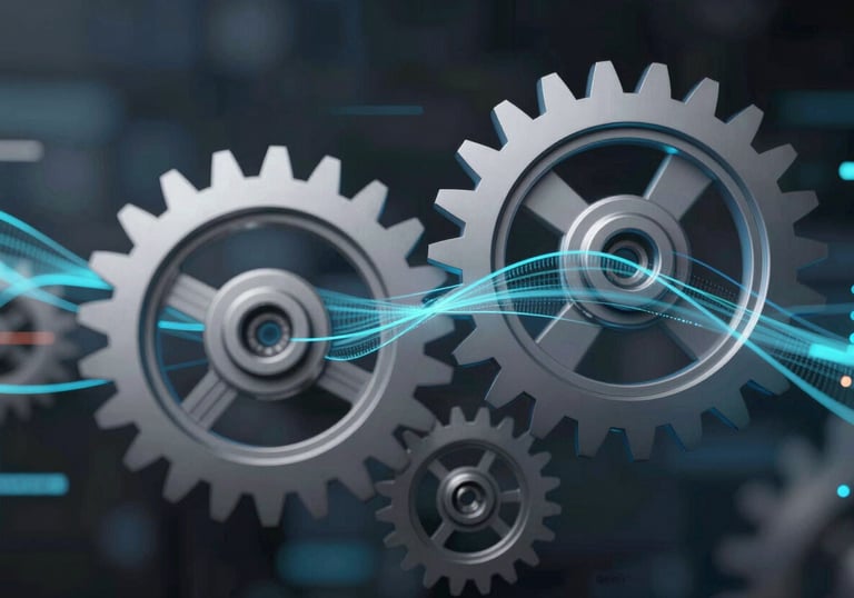 Conceptual image of digital gear wheels and data streams merging together, signifying seamless system integration and automation.