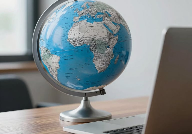 An artistic close-up of a silver and blue desk globe positioned next to a modern slim laptop on a wooden executive desk. Professional, international business theme, soft daylight, sophisticated and clean.