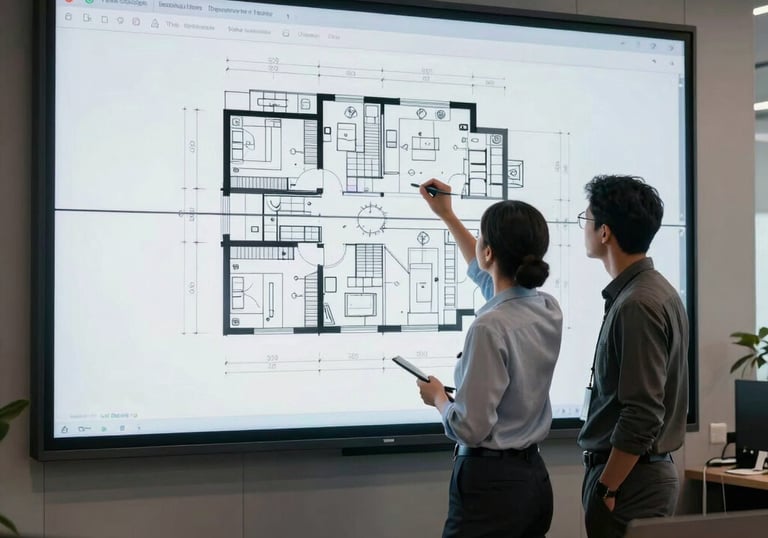 A professional collaborative workspace in a Brazilian high-rise where engineers discuss technical drawings on a large digital screen.