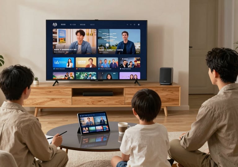 An elegant family room where diverse devices like a smart TV and a tablet are used simultaneously for streaming.