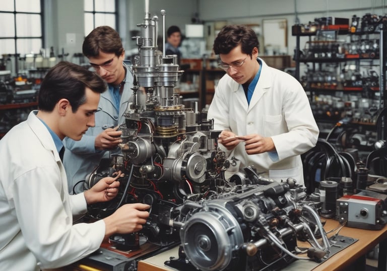 Engineers at Sterpin Motors working on prototype testing in a modern lab.