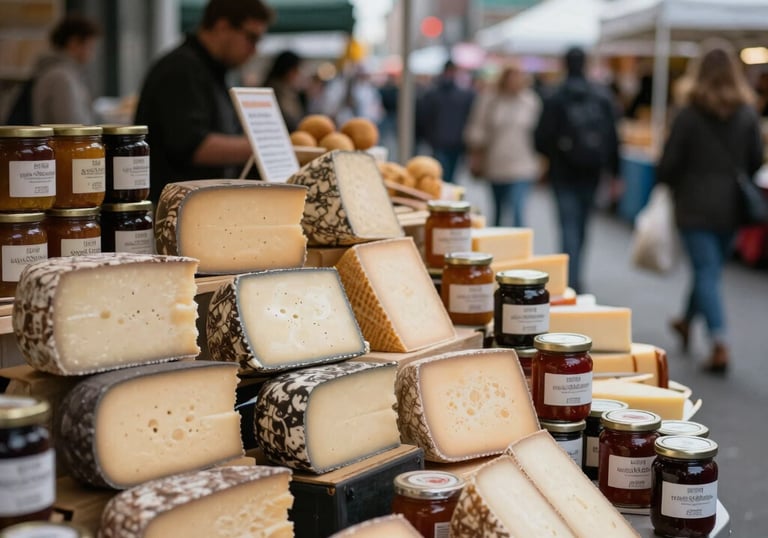 A bustling modern food market in a North American / US city, focusing on a stall with beautifully arranged artisanal cheeses and jars of organic preserves, high-end commercial style.