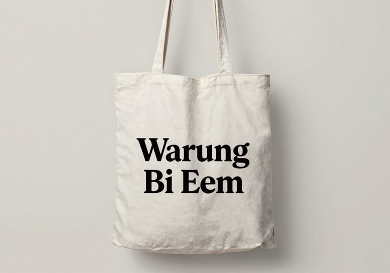 A high-quality studio shot of a canvas tote bag with a minimalist retro logo of Warung Bi Eem. Soft lighting on a #F0E5D0 background, sophisticated 90s vibe.