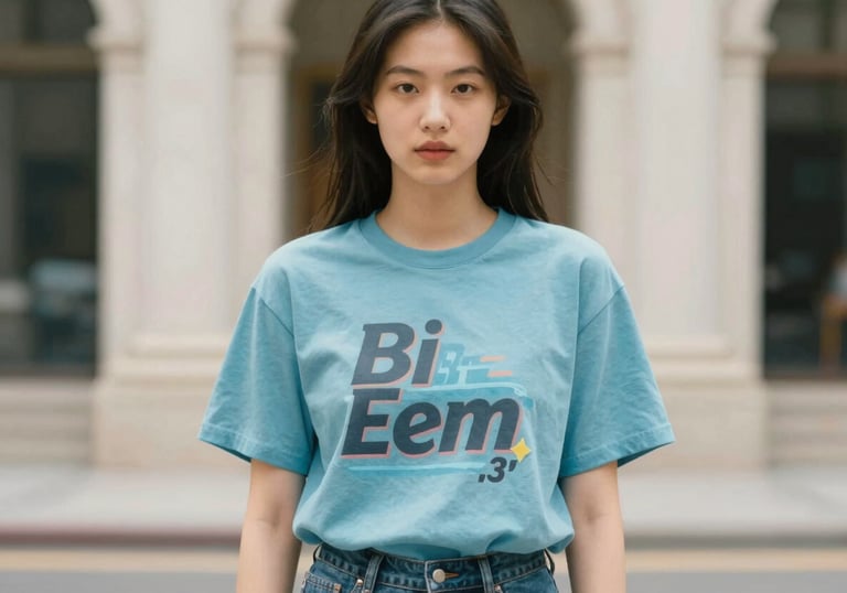 A stylish model wearing a 90s-inspired graphic t-shirt with 'Bi Eem' branding. The shot uses soft film-like colors, #89B5D3 blue tones, and an elegant urban retro backdrop.
