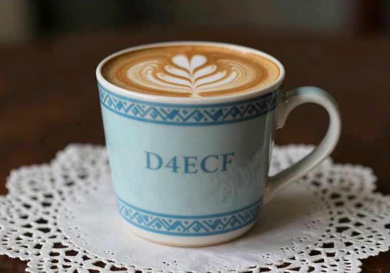A retro ceramic mug with a coffee art on top, placed on a vintage lace doily. Elegant lighting, highlighting the #D4ECF7 blue patterns on the mug. Sophisticated 90s aesthetic.