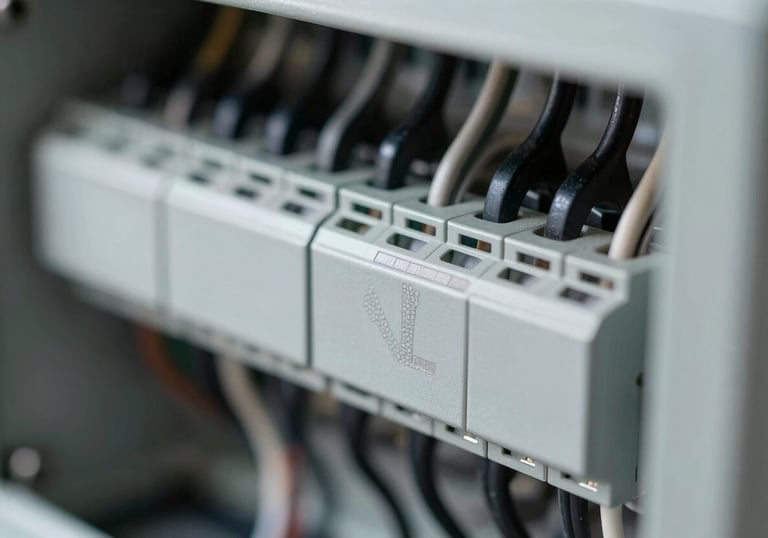 Close-up detail of perfectly organized wires inside an electrical panel. Clean, technical, and professional composition in silver and black.