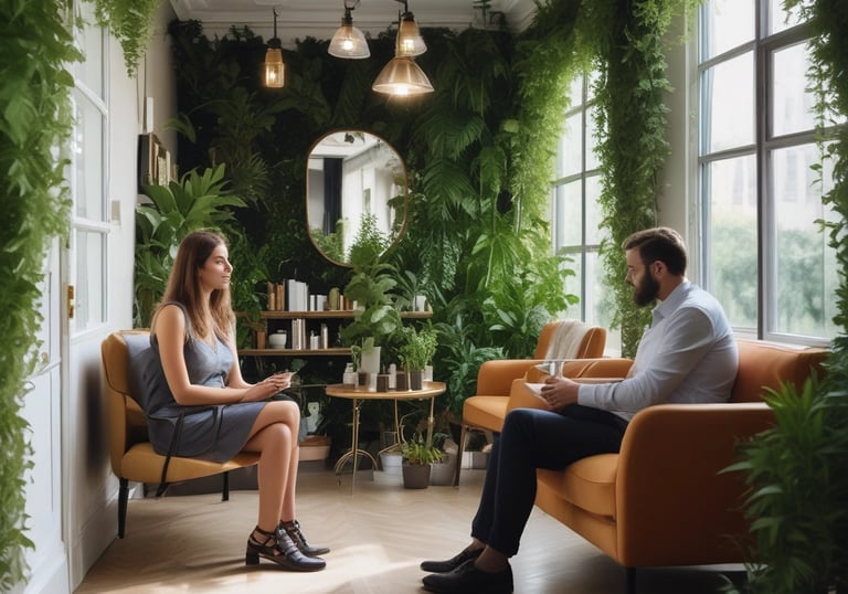 A calm and inviting coaching session in a cozy, sunlit room.