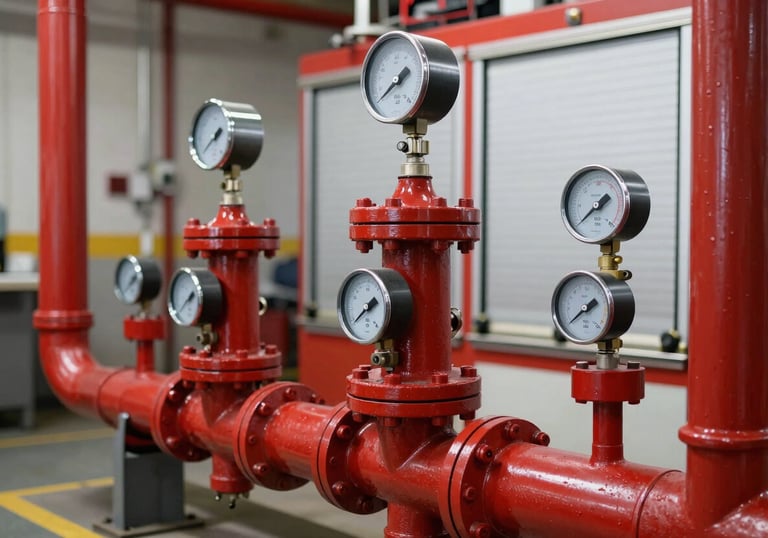 An industrial fire pump system with red piping and gauges in a North American mechanical room, sharp focus, clean industrial setting.
