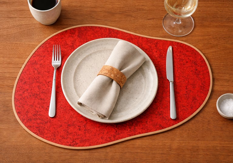 Red oval placemat with a ceramic dinner plate, linen napkin, and silverware on a wooden table.