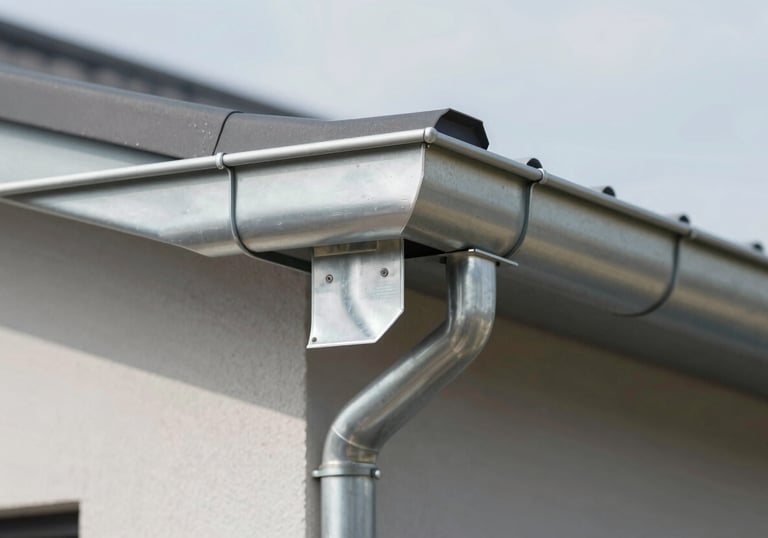 Close up of a perfectly installed zinc gutter system on a modern facade, focusing on the precision of the joints and the clean, contemporary aesthetic in a professional setting, featuring #455A64.