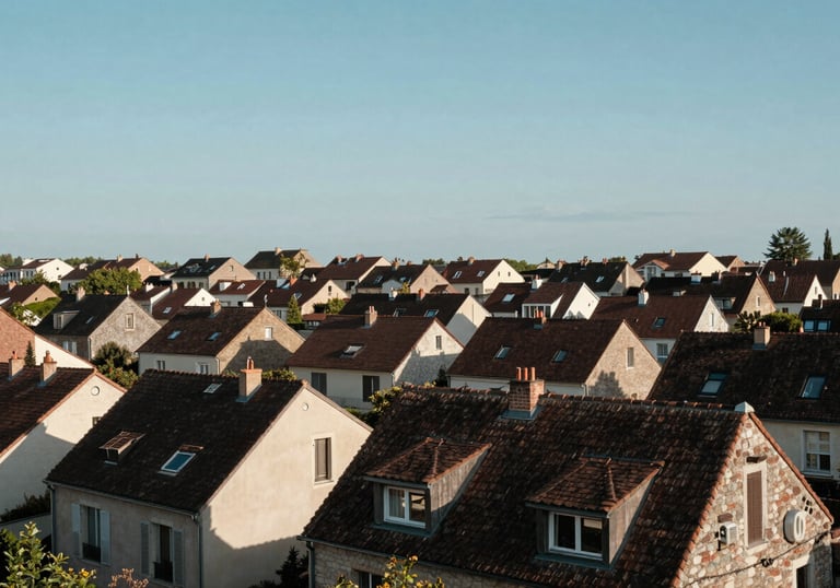 Wide panoramic view of a residential neighborhood in Western Europe / France with well-maintained roofs, clear sky, emphasizing durability and community trust.