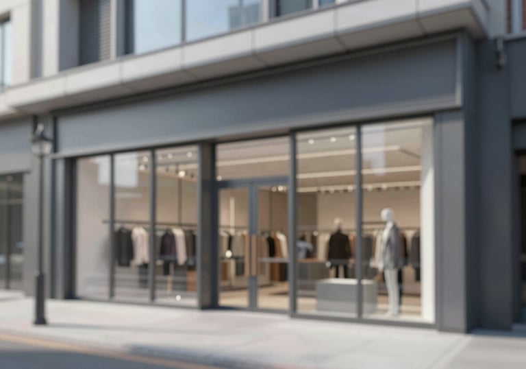 A crisp, architectural photograph of a completed modern commercial storefront, highlighting clean steel lines and perfect glass finish. Colors #2D3A3A and #F0F5F5.