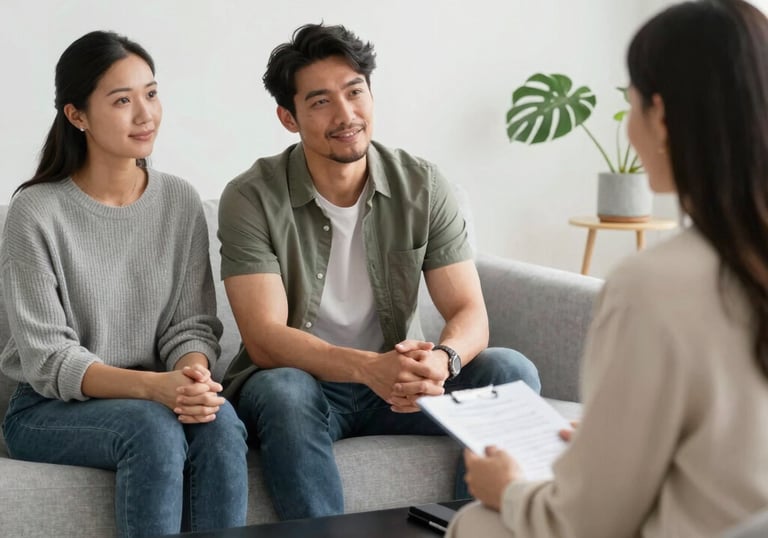 A welcoming therapy space with colorful artwork and cozy furniture.