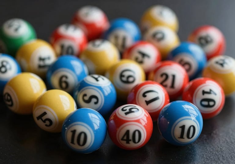 A collection of colorful lottery balls with visible numbers, scattered artistically on a dark reflective surface. The lighting highlights the textures in #F5B041 and #CBD5E0.