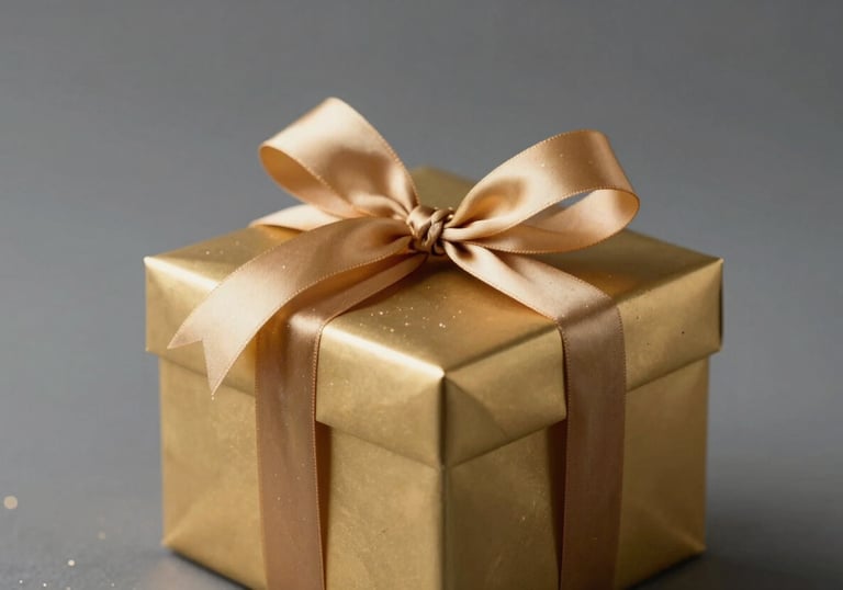 An elegant golden gift box tied with a satin ribbon, symbolizing bonus rewards. The scene is illuminated by sparkling particles against a #1A202C background.