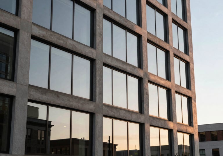 A clean, modern building facade in a Georgia business district during golden hour. The reflection in the windows shows a pale frost white sky.