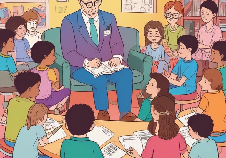 A caring school counselor talking with students in a cozy office.