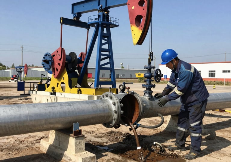 Technicians performing routine maintenance on oilfield machinery.