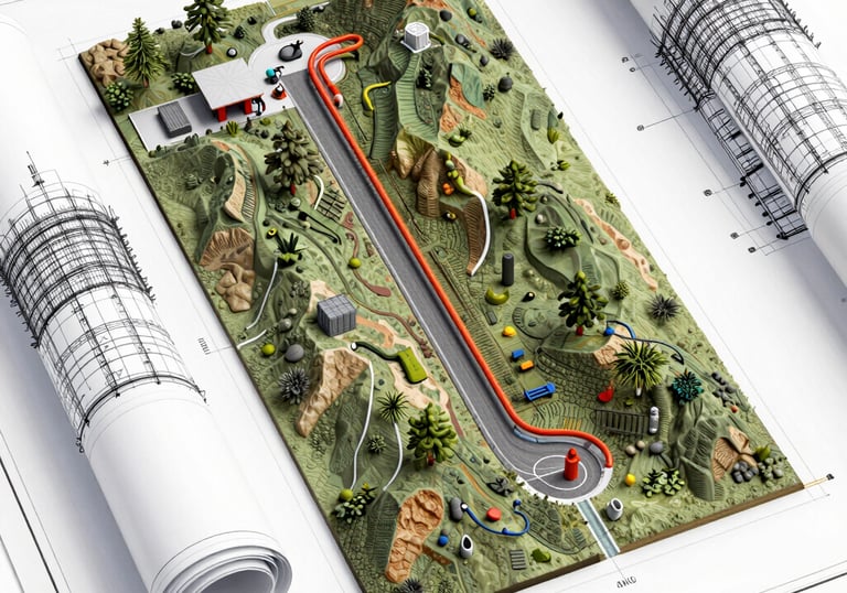 Engineers reviewing detailed surface design plans at an oilfield site.
