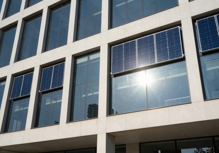 A modern, eco-friendly South Asian / Indian office building with glass windows reflecting a bright sun, integrated solar features, deep blue and soft off-white.
