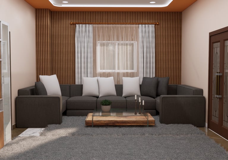 Modern living room featuring a dark grey sectional sofa, wood slat wall paneling, and a rustic coffee table.