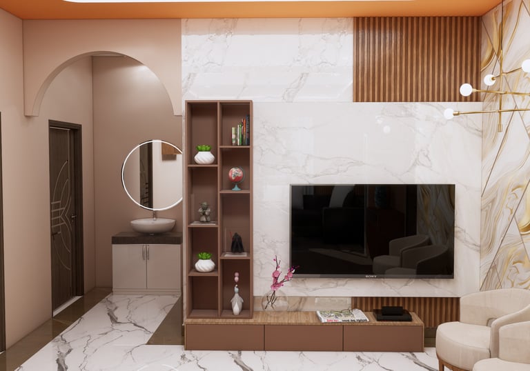 Modern living room featuring a marble TV wall panel with wood slats and an arched hallway entrance.
