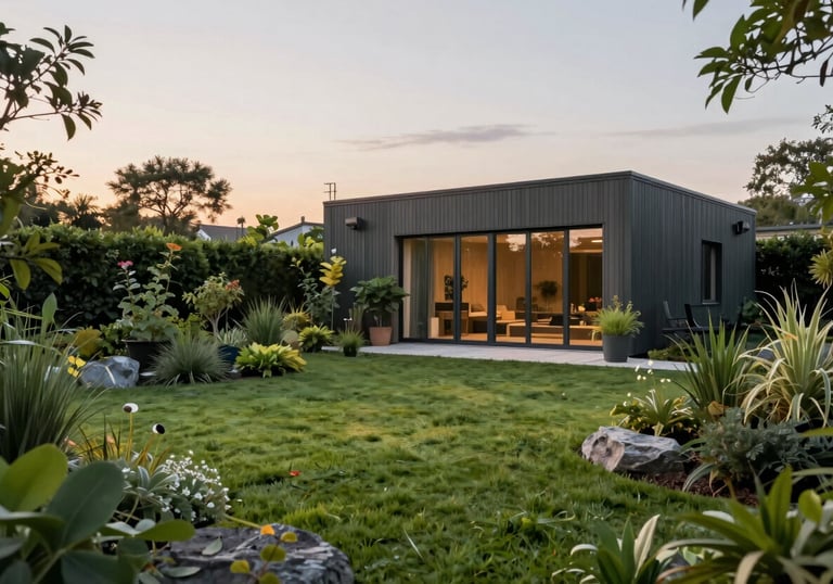 A lush green garden with a modern eco-house in the background, soft evening light, sustainable living concept, Central European architecture.