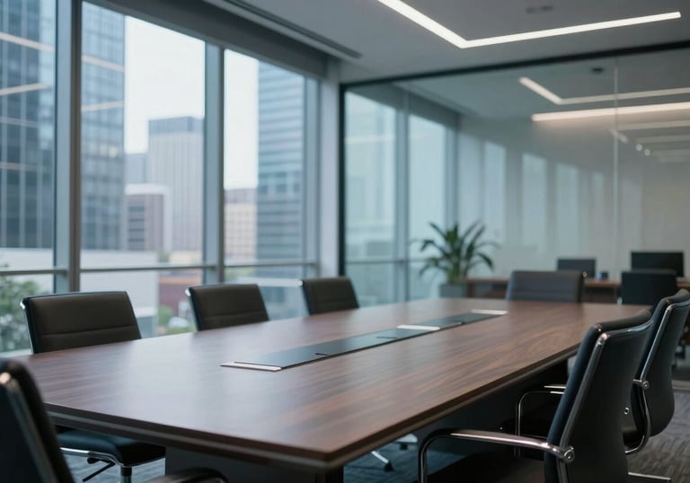 A sleek conference room in a US city with glass walls, showcasing a professional atmosphere and modern efficiency with subtle blue highlights.