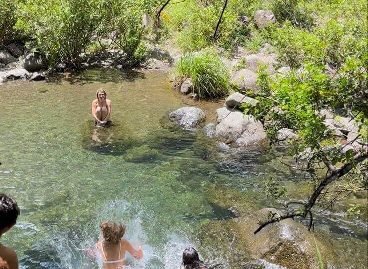 Friends jumping into a clear tropical swimming hole surrounded by lush green forest and rocks.
