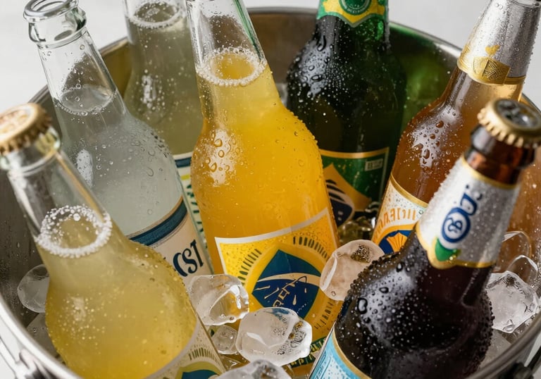 A vibrant collection of various cold beverage bottles in an ice bucket, with condensation and bright lighting, reflecting a refreshing Brazilian mood.