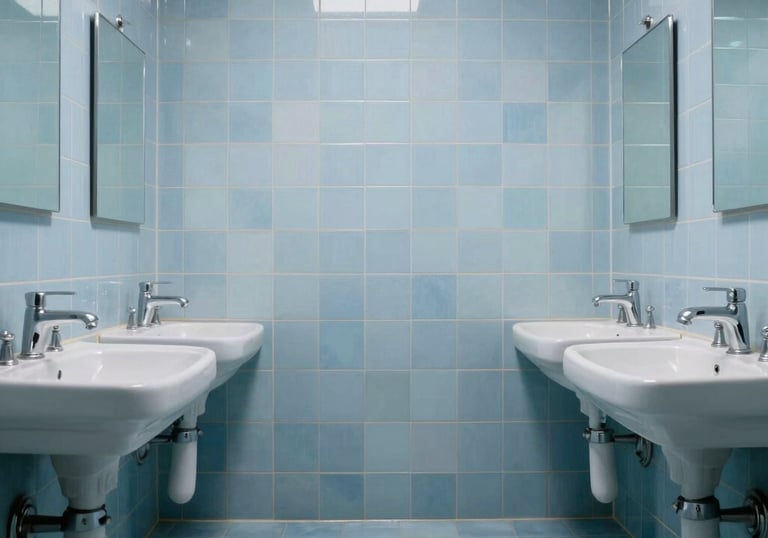 A wide view of a clean and minimalist bathroom with light blue tiles and polished chrome fixtures, Middle Eastern / Turkish interior design style.