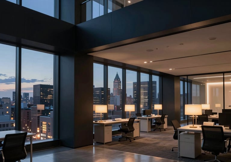 A modern, minimalist North American / US office interior at dusk. Large windows show city lights. The interior is lit with warm lamps against dark navy architectural elements.