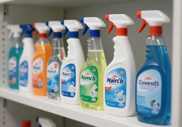A row of high-quality, professional-grade cleaning supplies neatly organized on a clean white shelf in a well-lit North American laundry room.