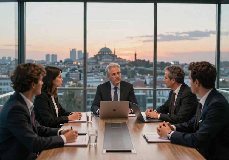 A professional team meeting in a modern glass conference room in Istanbul, Turkey, discussing digital strategy, overlooking the city skyline at sunset.