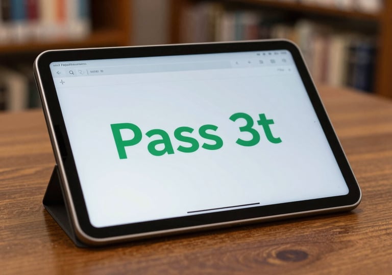 A close-up of a digital tablet showing a green 'Pass' mark on a document analysis screen, placed on a wooden desk with blurred library background.