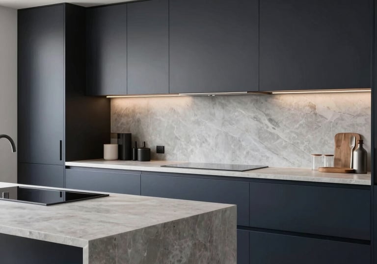 A modern, minimalist kitchen renovation with sleek cabinetry in dark navy and light gray stone countertops, luxury Dutch residence.