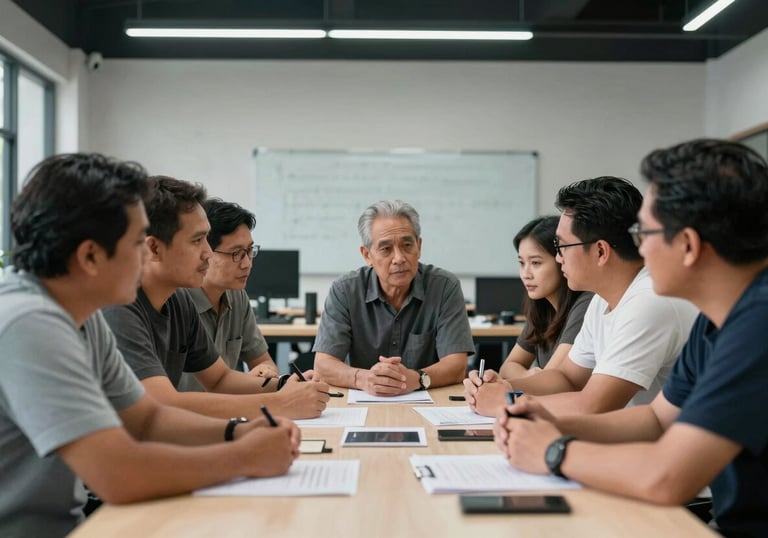 A group of Southeast Asian community leaders gathered around a table in a modern workshop, discussing projects with a sense of unity and purpose.