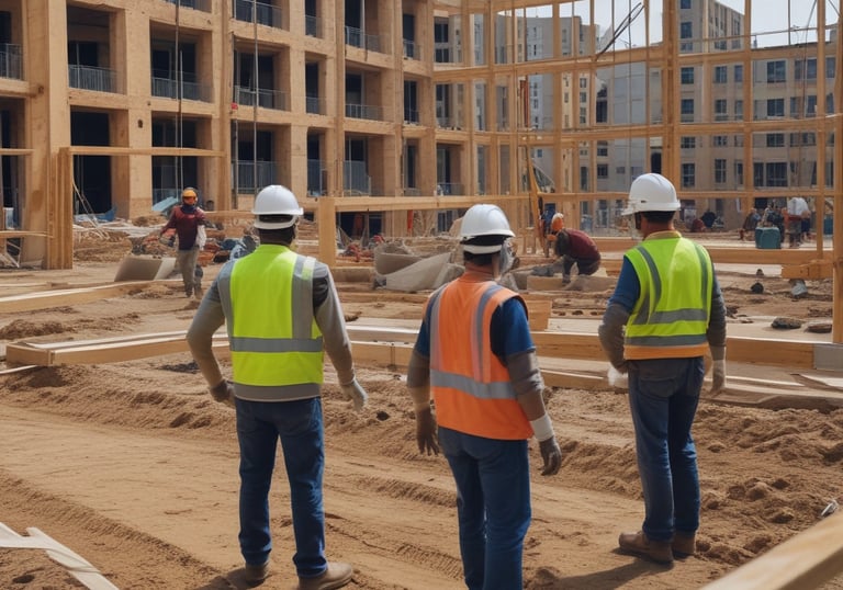 Close-up of hands reviewing technical documents and blueprints on a desk.