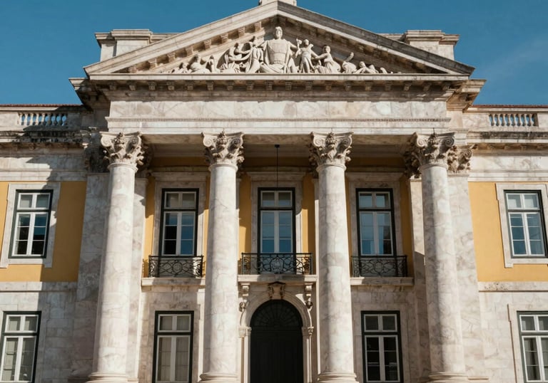 The facade of a historic legal building in Lisbon with classical columns and a clear blue sky, capturing the prestige and history of the law.