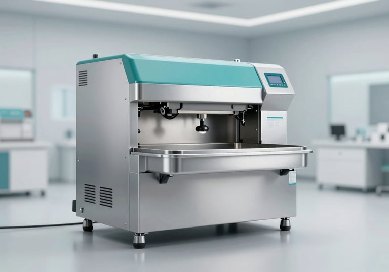 A modern industrial dry-cleaning machine in a professional setting, featuring clean lines and a sophisticated silver finish with #3B607D accents. Professional lighting.