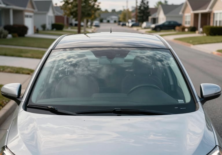Wide shot of a modern car on a residential street with a perfectly replaced, sparkling clean windshield reflecting the sky. North American suburban environment.