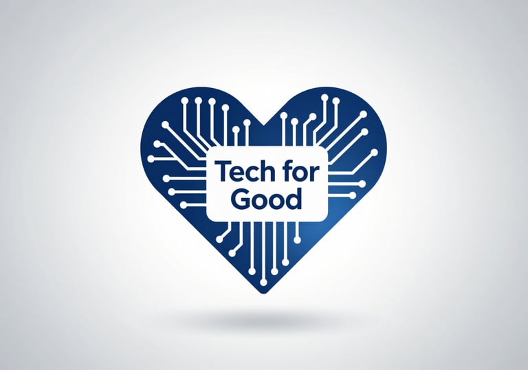 A heart icon stylistically integrated into a clean digital circuit board pattern, symbolizing 'Tech for Good', using #0D2E3A and #C0D6DB.