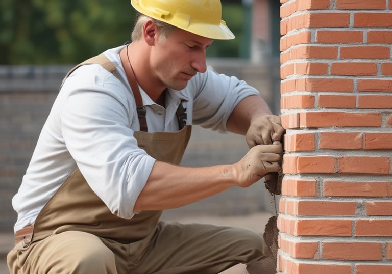 Close-up of a skilled mason carefully repointing a brick wall with fresh mortar.