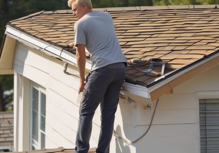 A carpenter measuring and cutting wood framing on a sunny construction site.