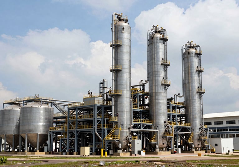 Large scale modern biofuel refinery plant in Colombia, industrial silos and clean infrastructure under a bright sky, emphasizing innovation and sustainability.