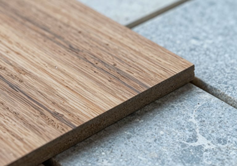 Macro photography of high-quality construction materials, focusing on wood textures and light blue-grey stone tiles, professional and clean aesthetic.